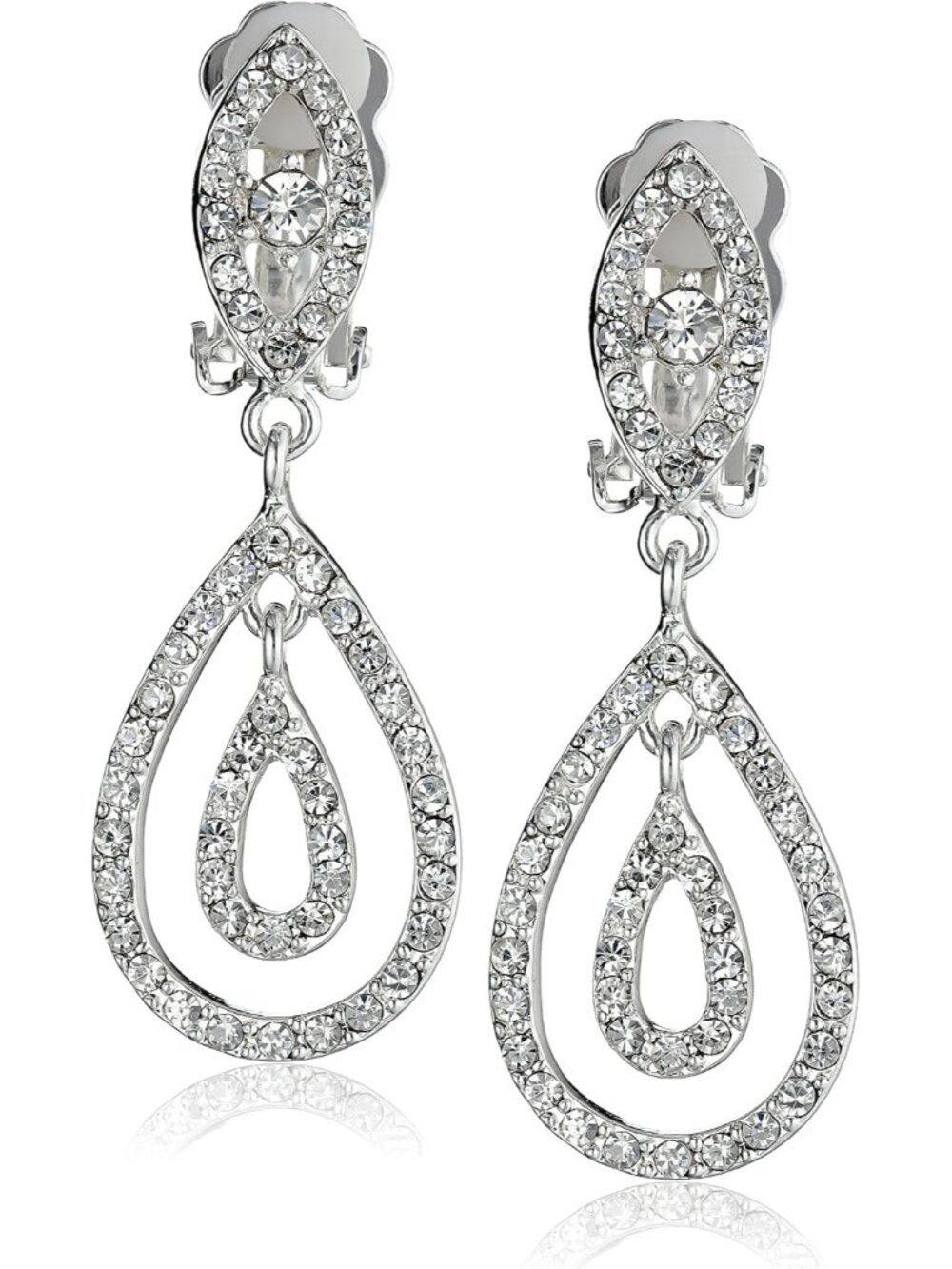 Silver Crystal Rhinestone Two Layer Teardrop Pear Shaped Dangle Clip Earrings Ti